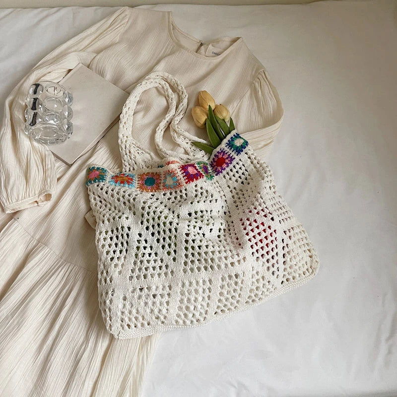 Bohemian Handmade Beach Tote Bag Beads Trim Straw Crochet Women Shoulder Bag