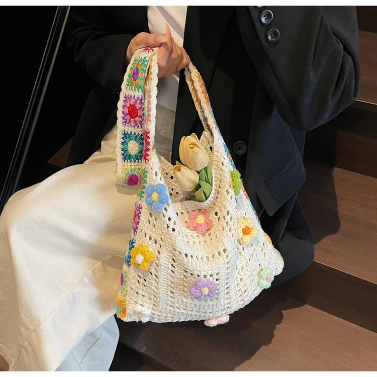 Knitted Tote Bag For Women Handmade Crochet Shoulder Beach Bag Capacity Travel