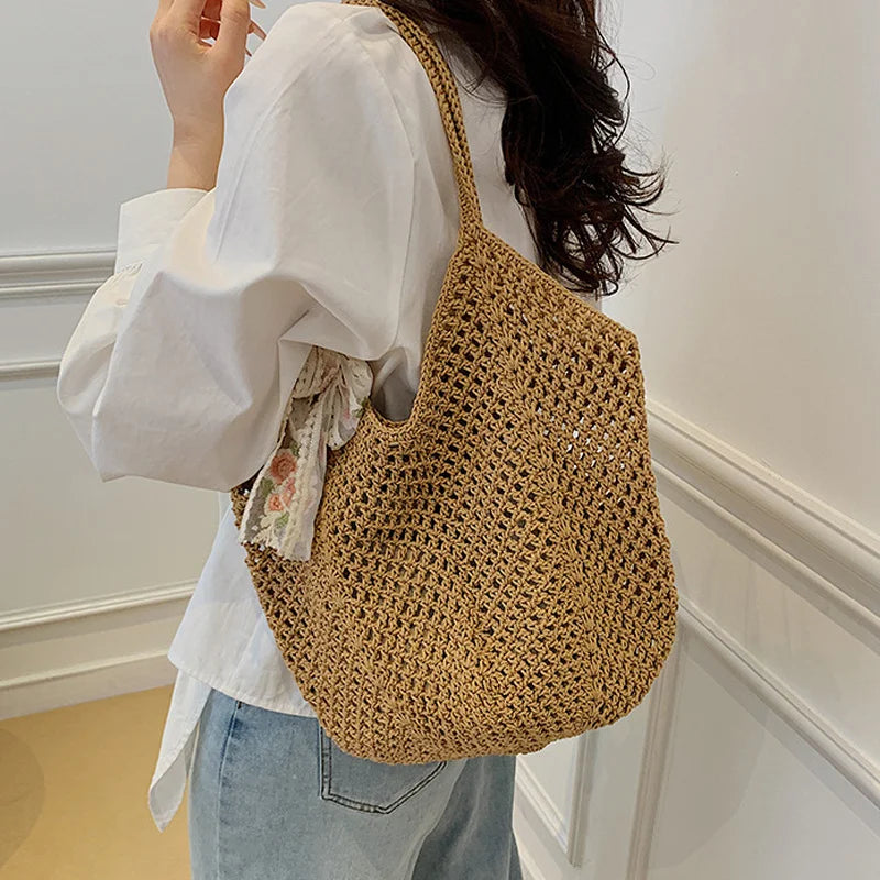 Summer Lace Bow Tote Bag For Women Raffia Rattan Crochet Shoulder Bag 2025