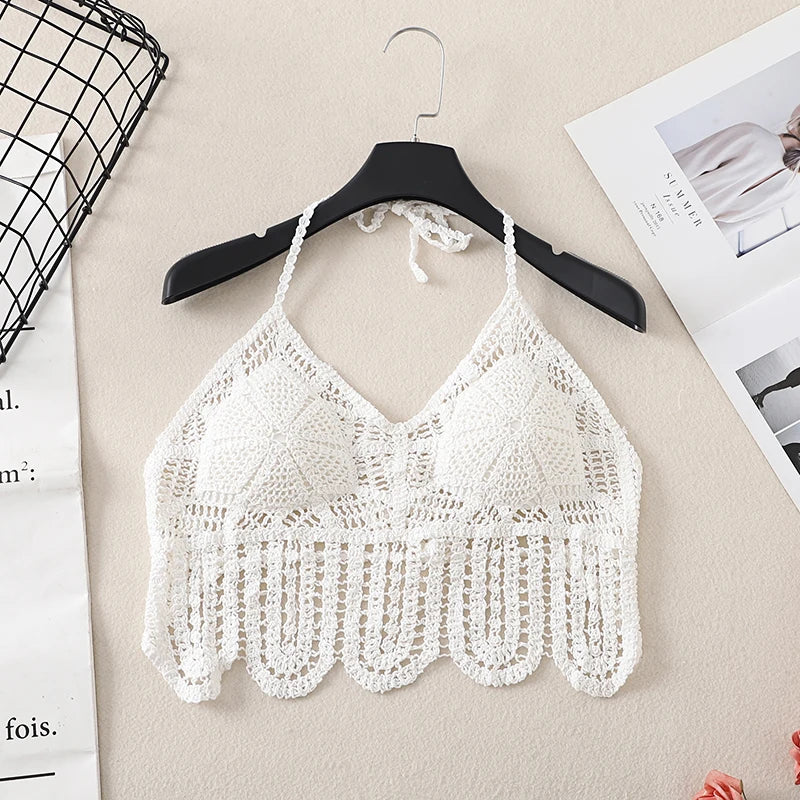 Débardeur court d'été en crochet ajouré pour femme, dos nu, style bandeau dos nu, pour la plage