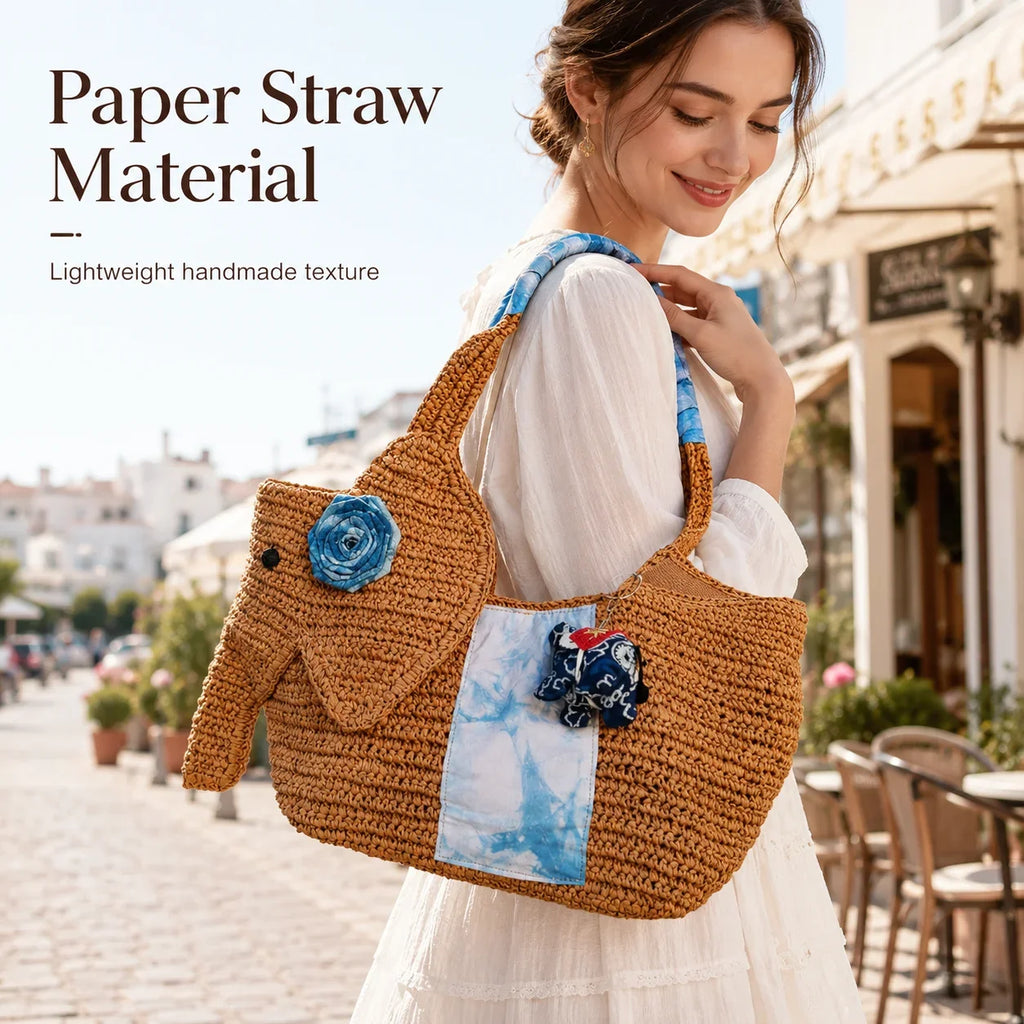 Elephant Straw Woven Tote Bag Handmade Beach Bag Large Capacity