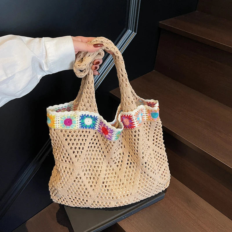 Bohemian Handmade Beach Tote Bag Beads Trim Straw Crochet Women Shoulder Bag