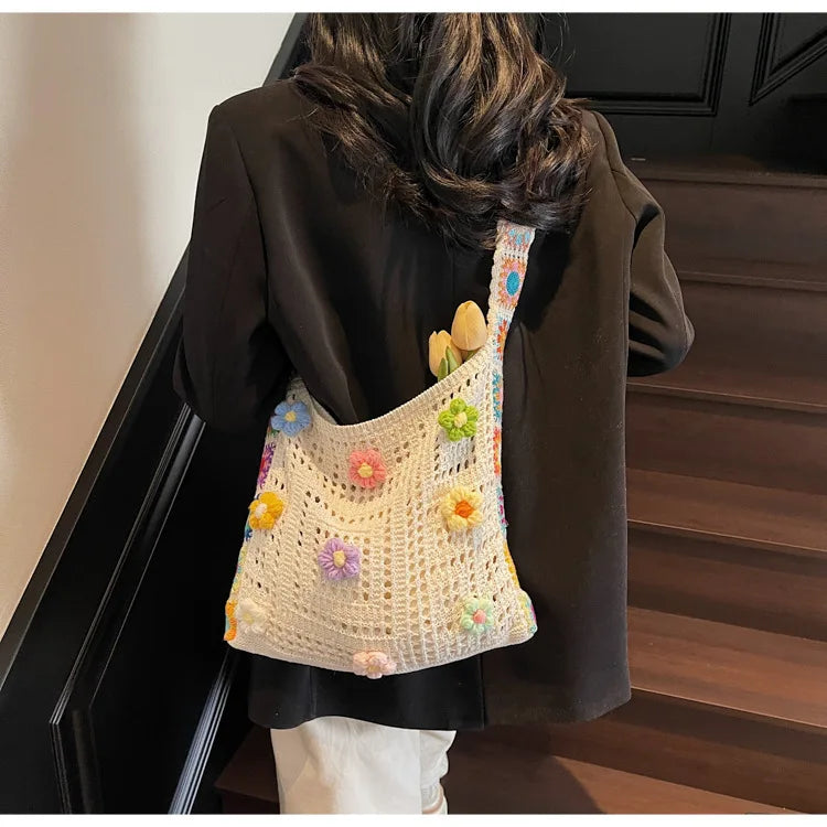 Knitted Tote Bag For Women Handmade Crochet Shoulder Beach Bag Capacity Travel