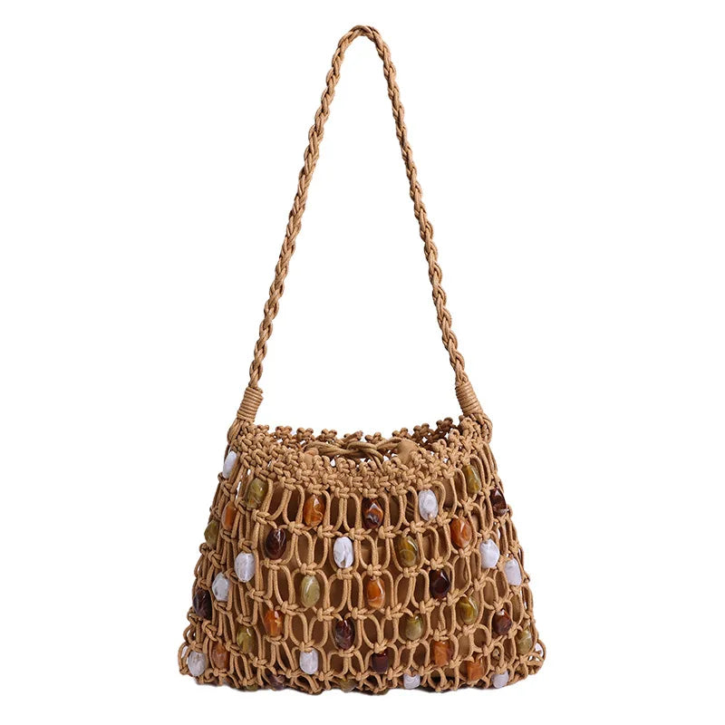 Hollow Beading Womens Shoulder Bag Rope Knitting Bohemian Crochet Mesh Tote Bag