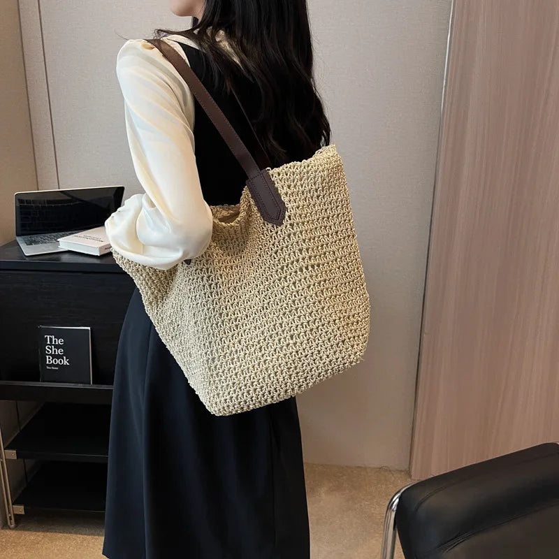Women Bohemian Straw Shoulder Bag Large Crochet Tote For Beach Summer Woven