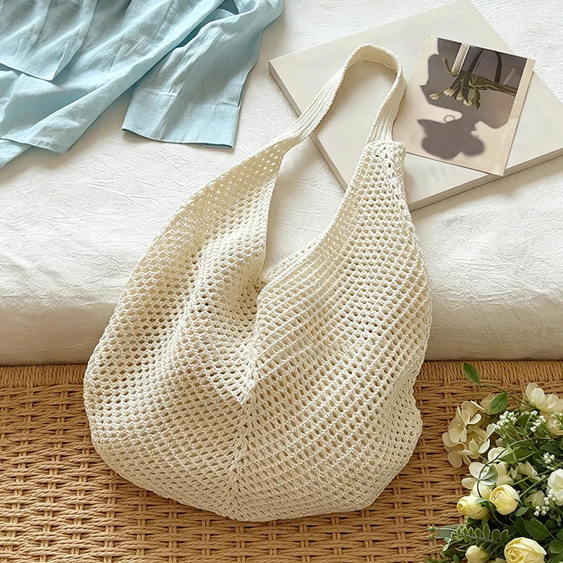 Women Hollow Woven Shoulder Bag Large Capacity Crochet Tote Beach Bag