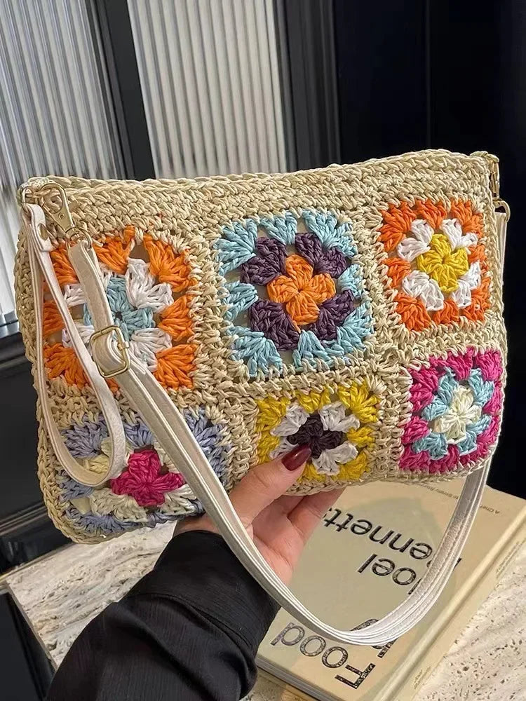 Summer Handmade Crochet Bag Retro Flower Paper Rope Crossbody Shoulder Bag