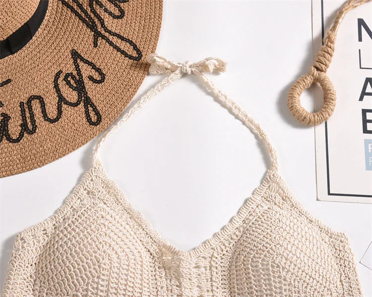 Crochet Bustier Beach Top HollowOut Adjustable Straps Padded Cups Y2K Swimwear