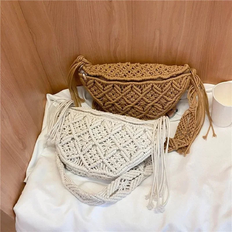 Women Summer Beach Knitted Bag Bohemian Crochet Waist Fanny Pack Shoulder Tote