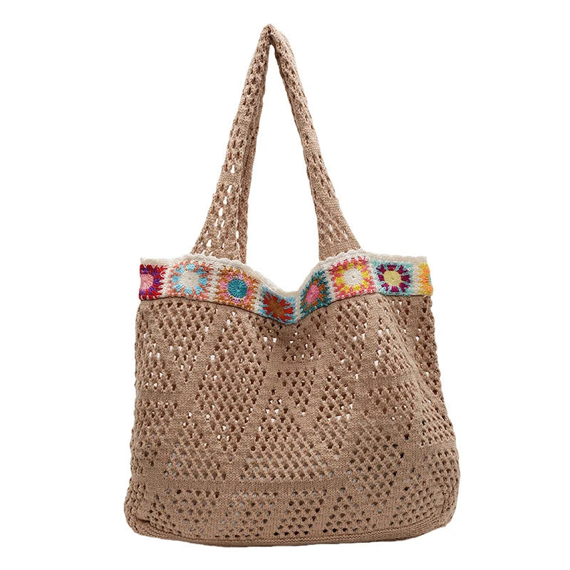 Bohemian Handmade Beach Tote Bag Beads Trim Straw Crochet Women Shoulder Bag