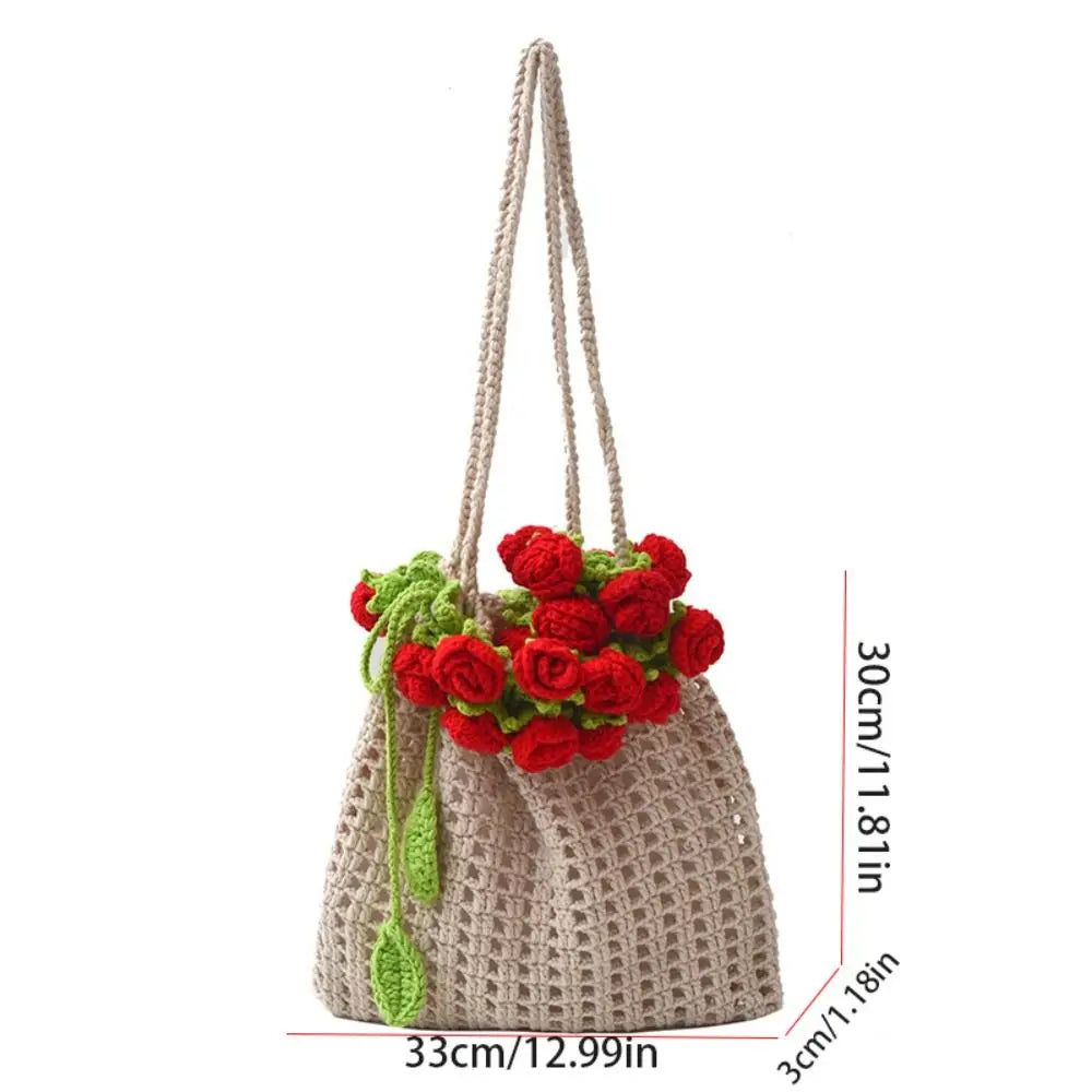 Sac de plage seau en corde crochetée Rose Bohème avec bandoulière fleurie en tricot