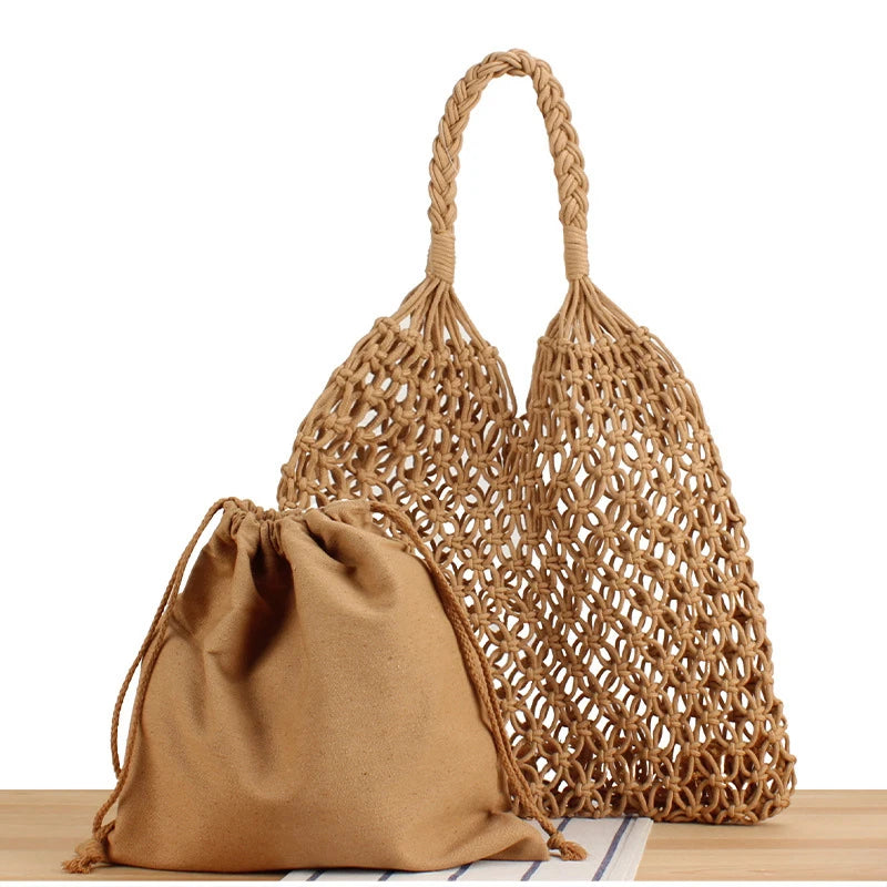 Hollow Crochet Mesh Shoulder Bag With Inner Pocket Women Solid Color Tote Bag