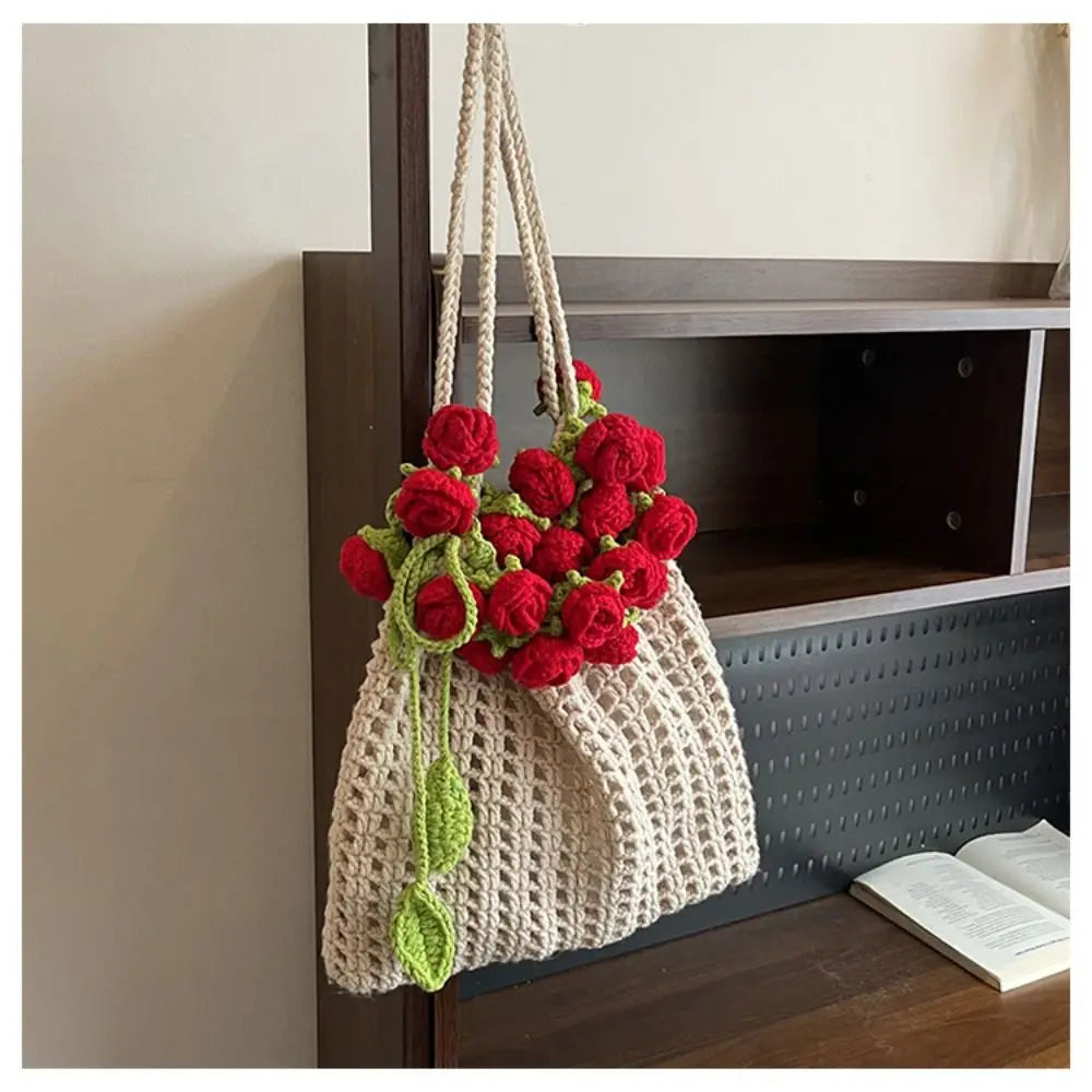 Bohemian Rose Crochet Rope Beach Bucket Bag With Flower Knitted Shoulder Bag