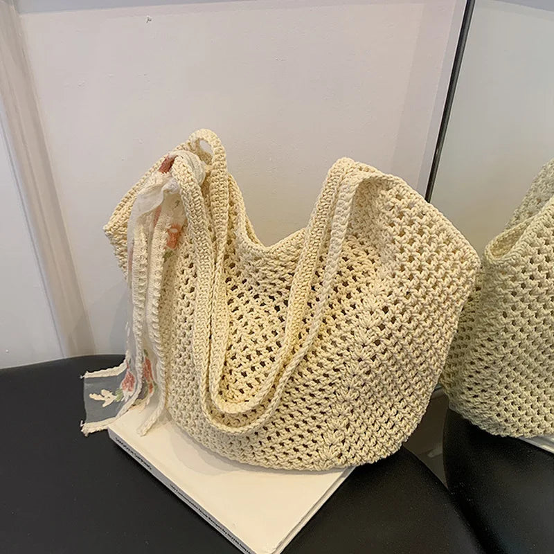 Summer Lace Bow Tote Bag For Women Raffia Rattan Crochet Shoulder Bag 2025