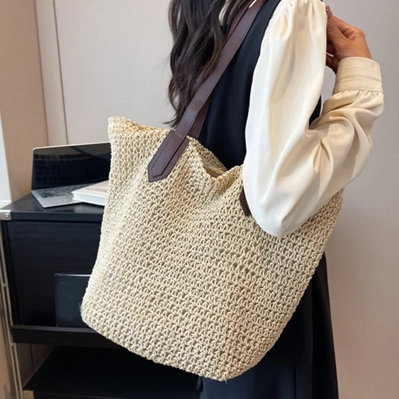 Women Bohemian Straw Shoulder Bag Large Crochet Tote For Beach Summer Woven