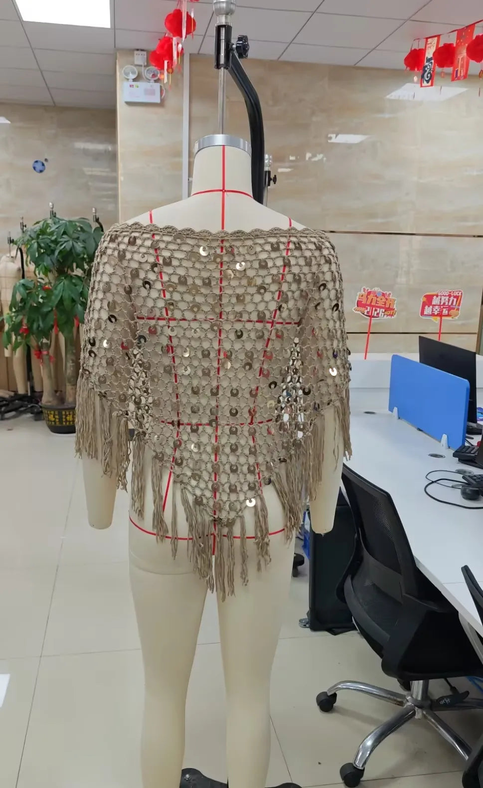 Womens Tassel Hem Knitted Poncho With Sparkly Sequins Crochet Shrug Shawl