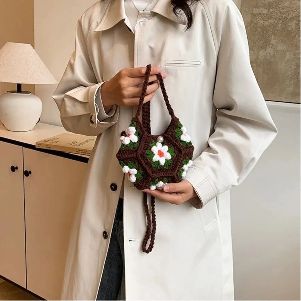 Sweet Handmade Crochet Crossbody Bag Flower Pattern Corduroy Shoulder Bag