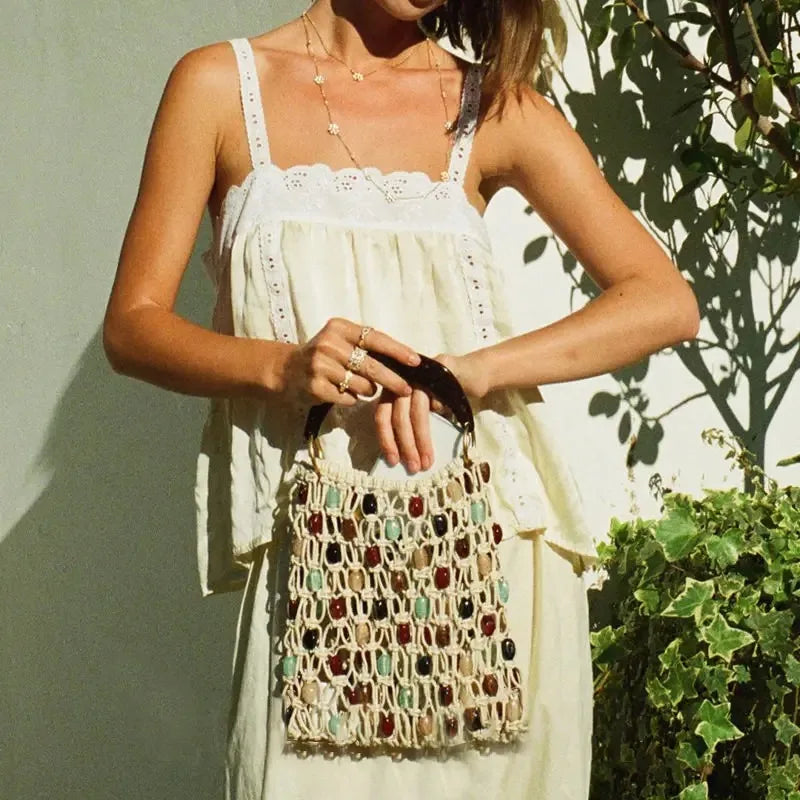 Bohemian Rope Crochet Women Bag Beading Beach Bag Handmade Woven Shoulder Bag