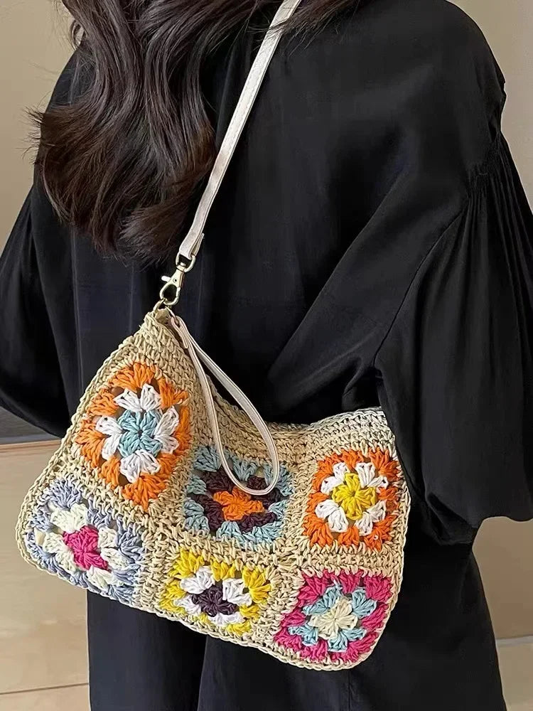 Summer Handmade Crochet Bag Retro Flower Paper Rope Crossbody Shoulder Bag