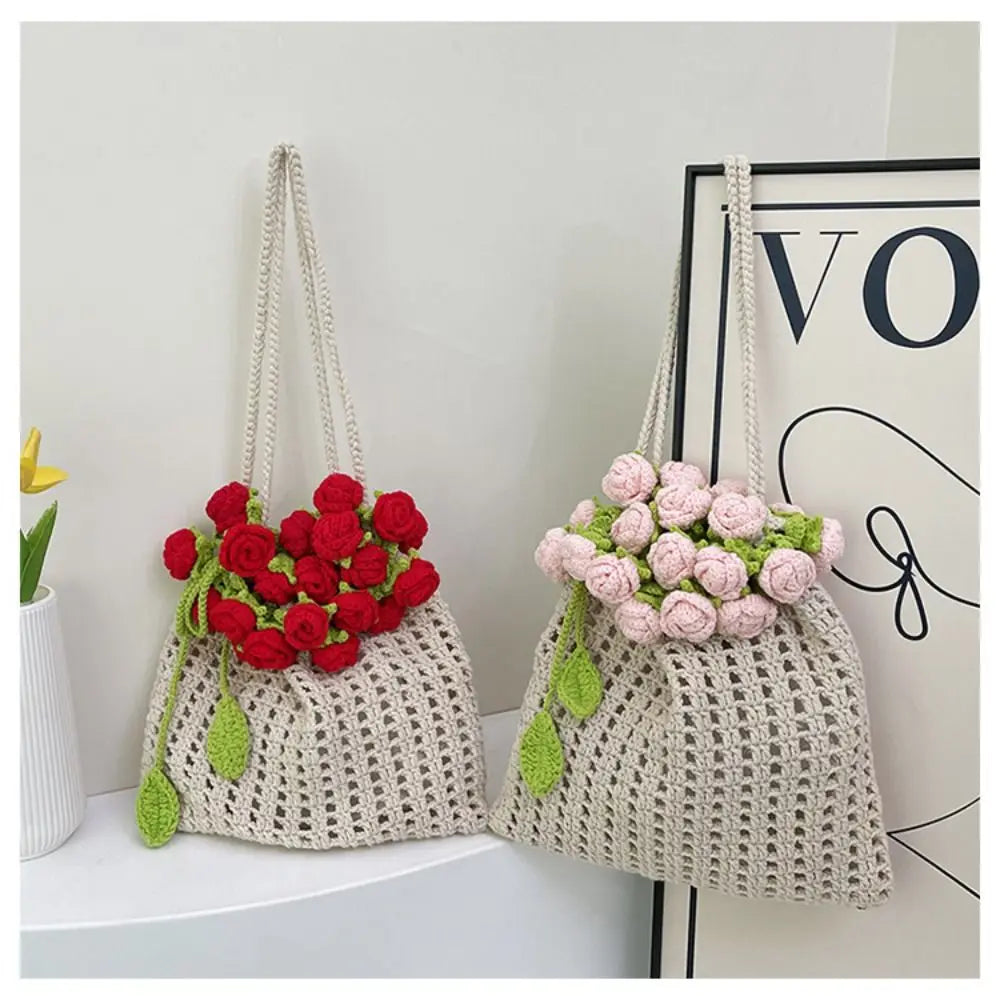 Bohemian Rose Crochet Rope Beach Bucket Bag With Flower Knitted Shoulder Bag