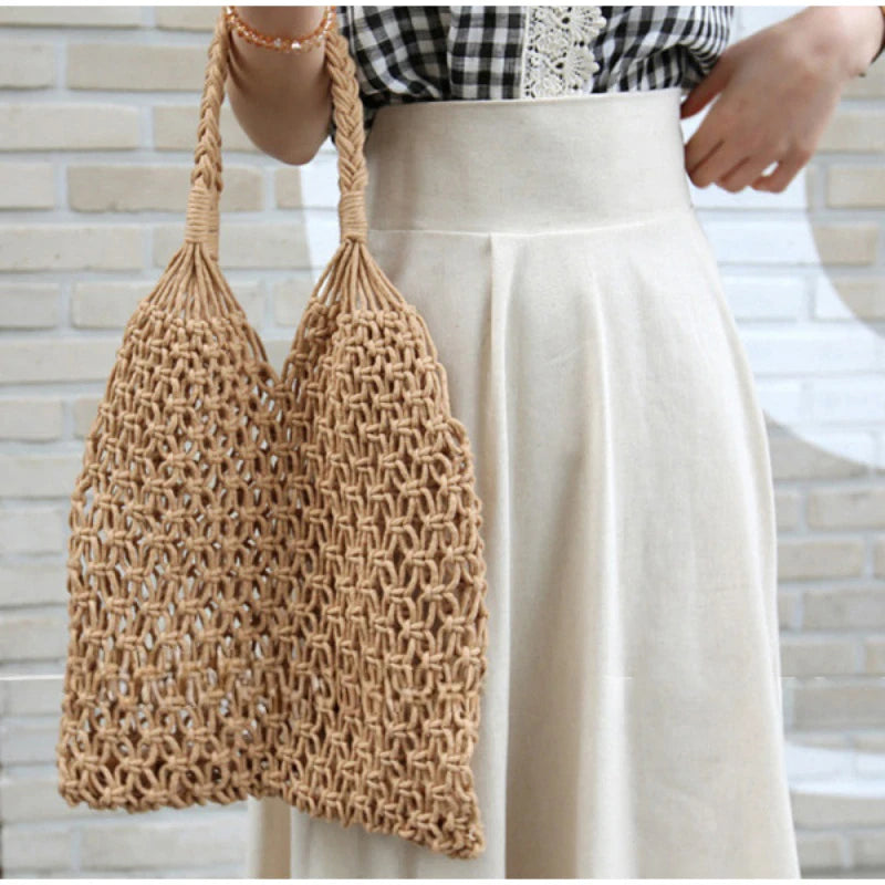Hollow Crochet Mesh Shoulder Bag With Inner Pocket Women Solid Color Tote Bag