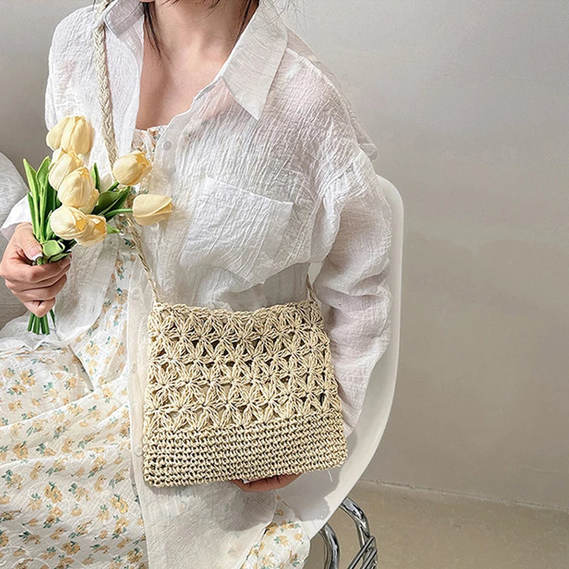 Women Beach Woven Straw Shoulder Messenger Bag Boho Crossbody Macrame Purse