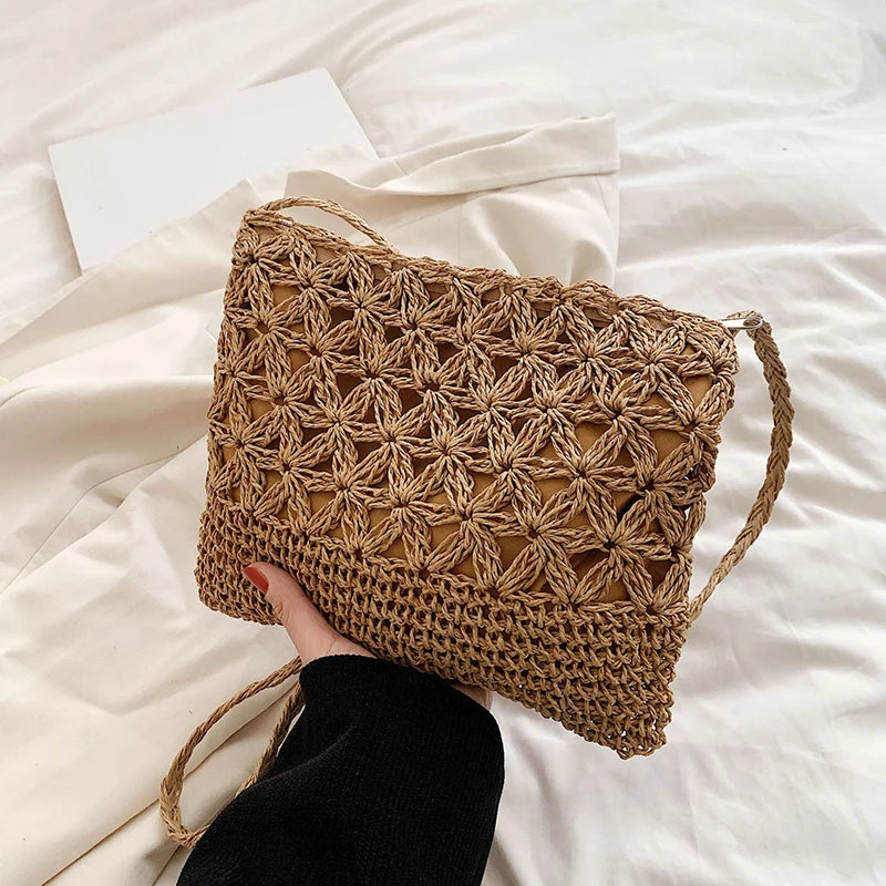 Women Beach Woven Straw Shoulder Messenger Bag Boho Crossbody Macrame Purse