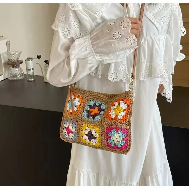 Summer Handmade Crochet Bag Retro Flower Paper Rope Crossbody Shoulder Bag