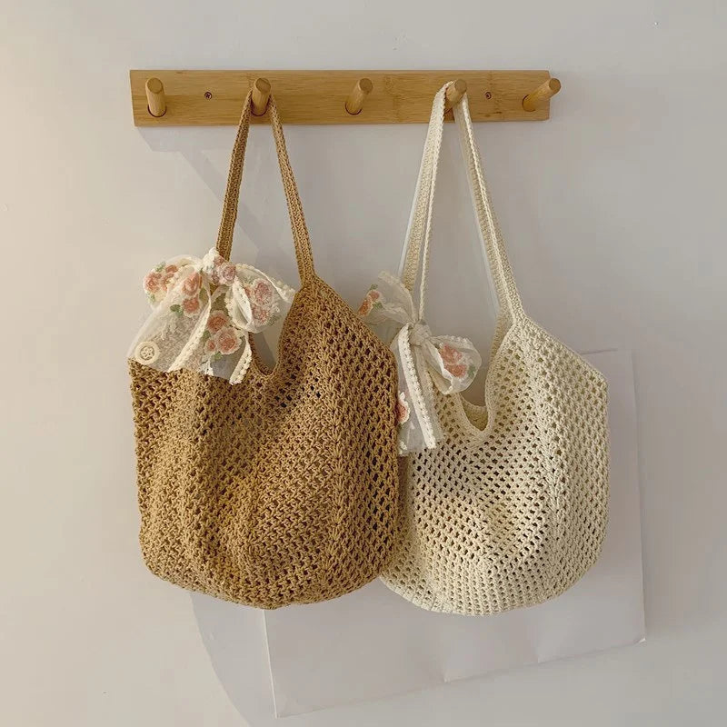 Summer Lace Bow Tote Bag For Women Raffia Rattan Crochet Shoulder Bag 2025