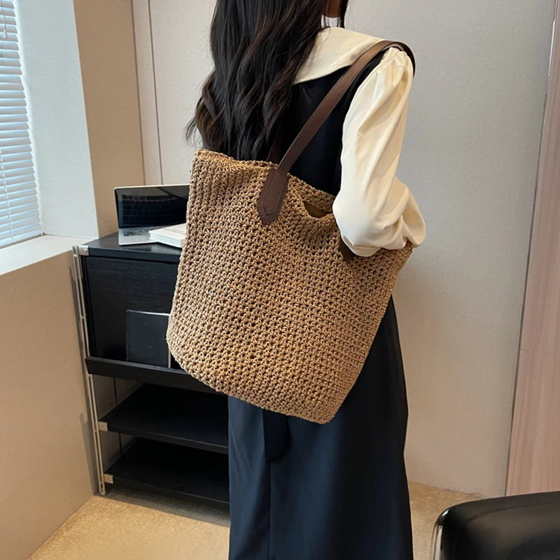 Women Bohemian Straw Shoulder Bag Large Crochet Tote For Beach Summer Woven