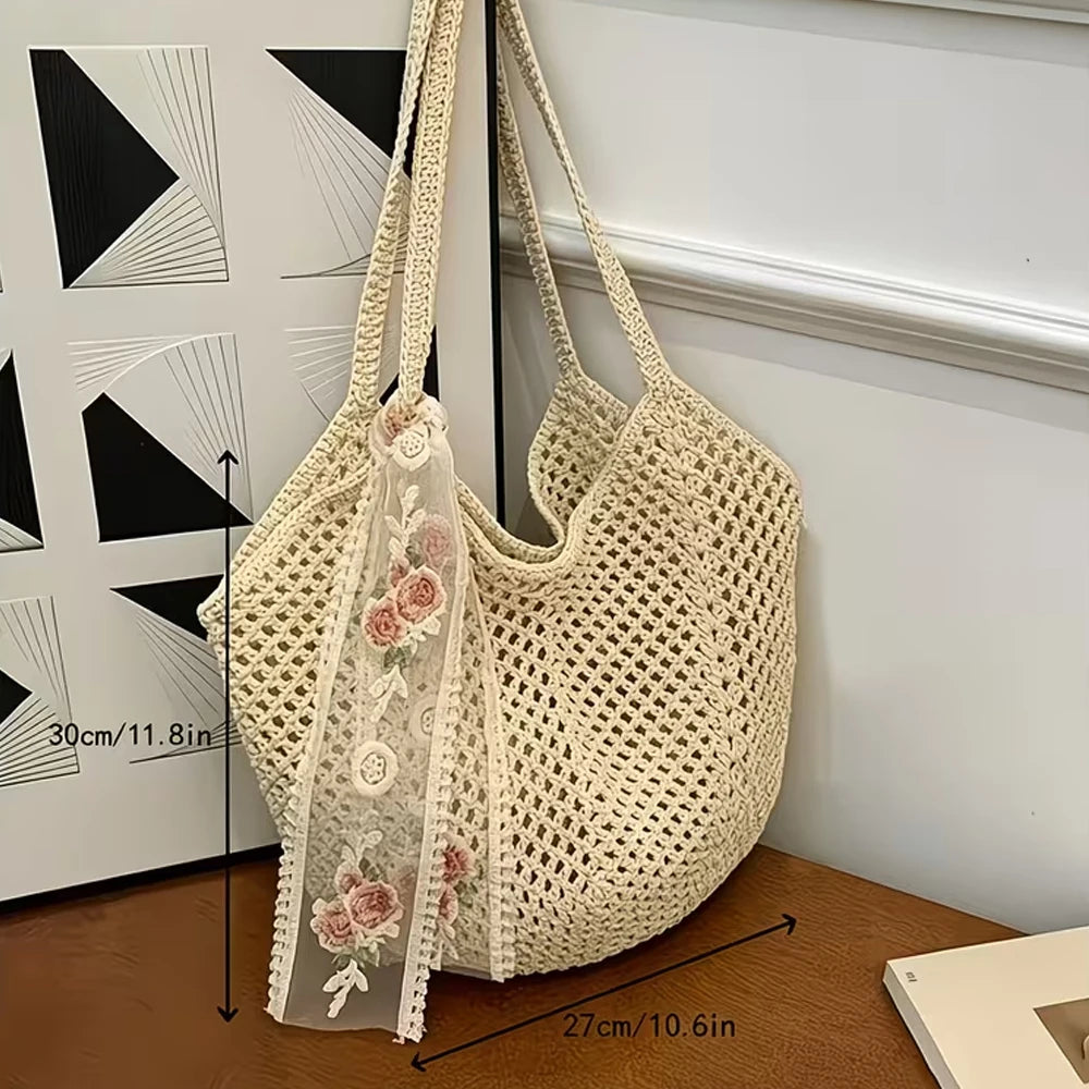 Women's Crochet Tote Bag Ribbon Two Piece Set Large Capacity Hollow Woven Bag