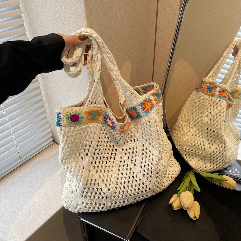 Bohemian Handmade Beach Tote Bag Beads Trim Straw Crochet Women Shoulder Bag