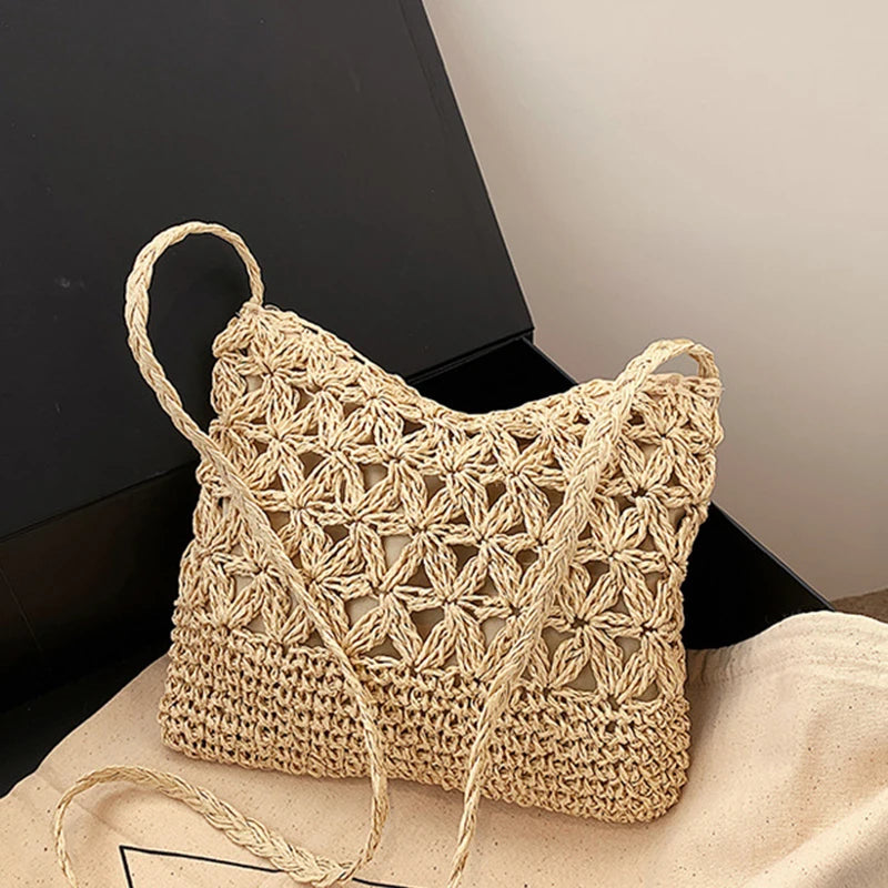 Sac bandoulière de plage tressé en paille pour femmes, style bohème, en macramé