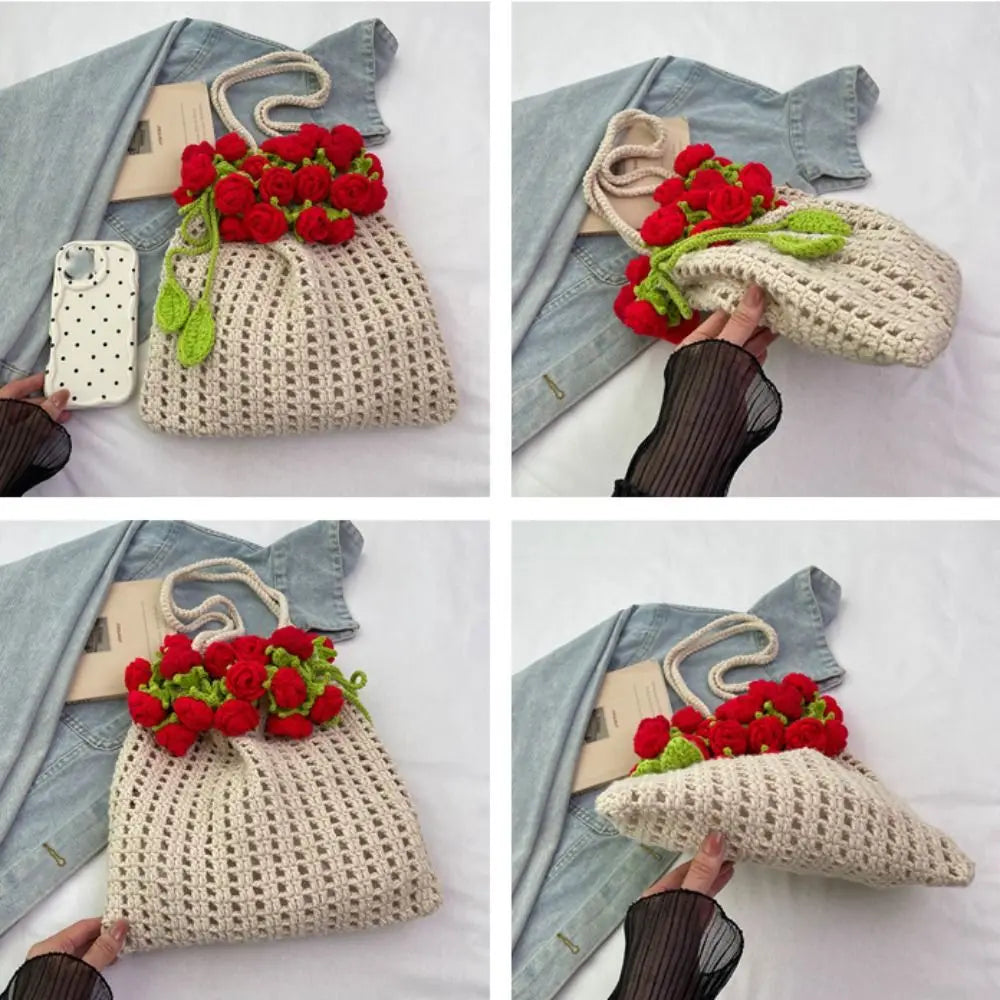 Bohemian Rose Crochet Rope Beach Bucket Bag With Flower Knitted Shoulder Bag