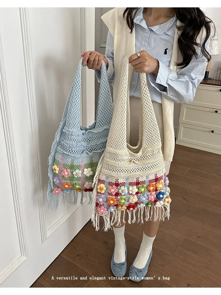 Women's Large Crochet Shoulder Tote Bag For Casual Daily Use School Commute