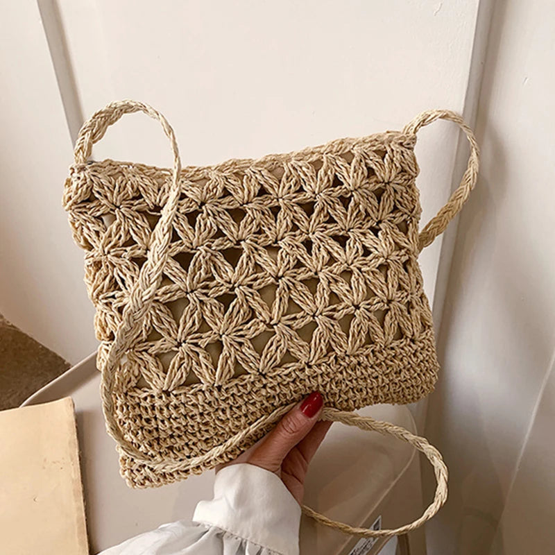 Women Beach Woven Straw Shoulder Messenger Bag Boho Crossbody Macrame Purse