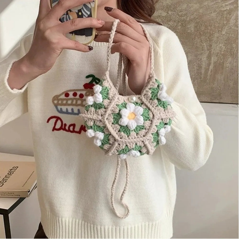 Sweet Handmade Crochet Crossbody Bag Flower Pattern Corduroy Shoulder Bag