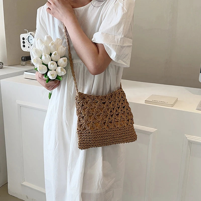 Women Beach Woven Straw Shoulder Messenger Bag Boho Crossbody Macrame Purse