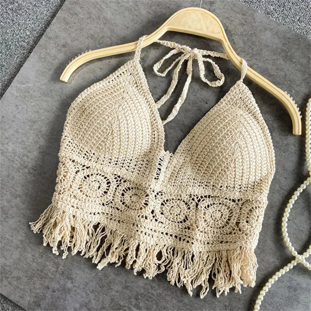 Haut court sexy en tricot avec pompons ajourés pour femmes, haut de plage estival