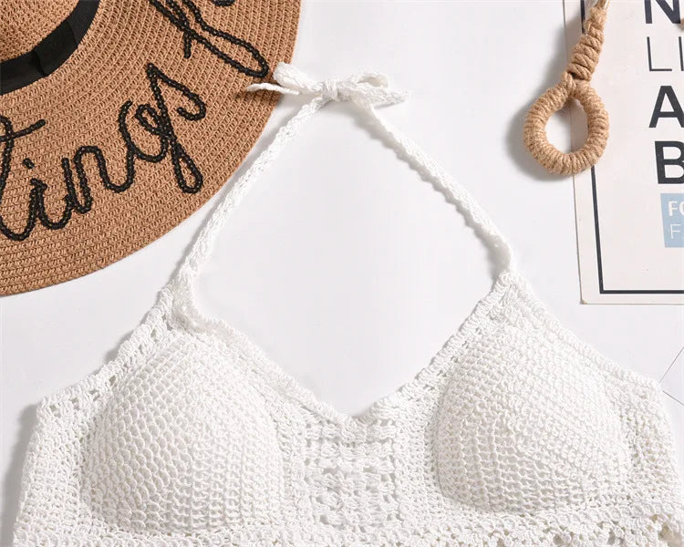 Crochet Bustier Beach Top HollowOut Adjustable Straps Padded Cups Y2K Swimwear