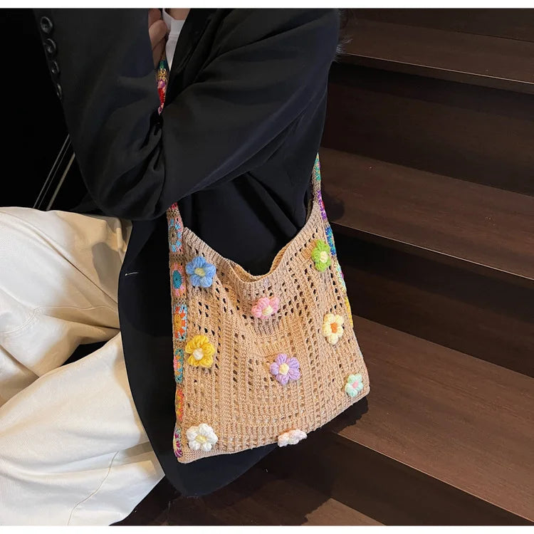 Knitted Tote Bag For Women Handmade Crochet Shoulder Beach Bag Capacity Travel