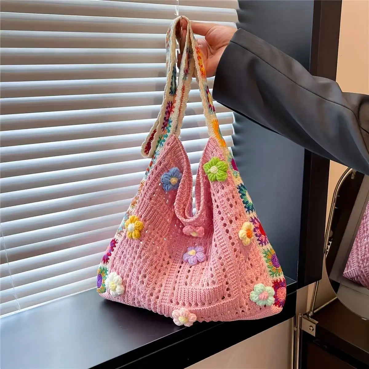 Sac fourre-tout tricoté pour femme Fait main Crochet Épaule Sac de plage Grande capacité Voyage