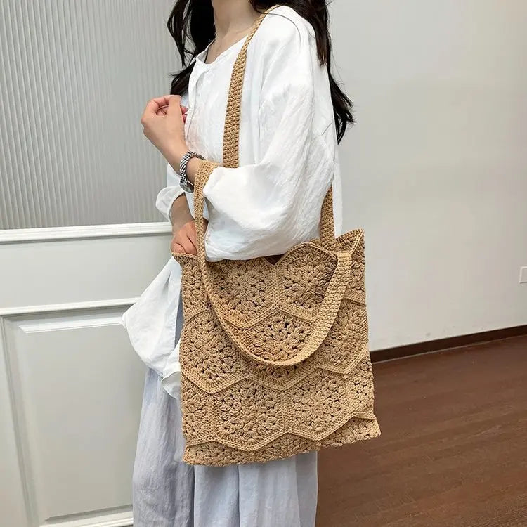 Handmade Cotton Thread Woven Granny Square Shoulder Bag Large Capacity For Women