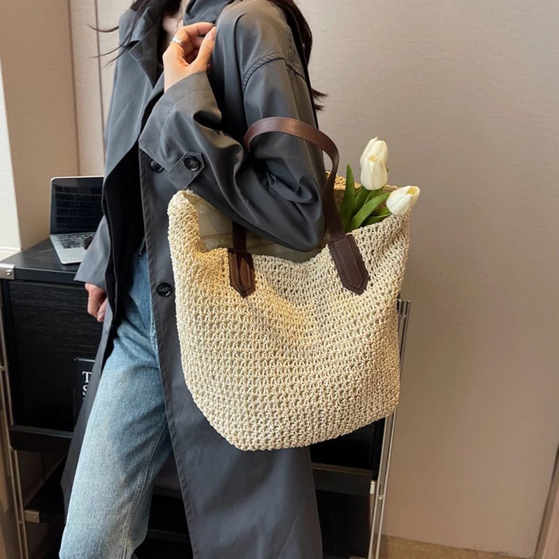 Women Bohemian Straw Shoulder Bag Large Crochet Tote For Beach Summer Woven