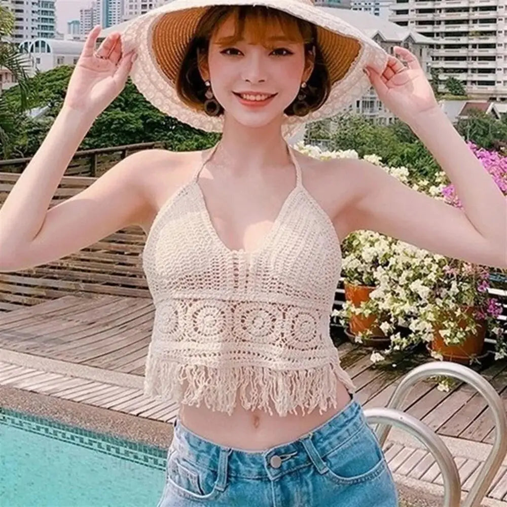Boho Beach Backless Crochet Knit Camisole Halter Tank Top For Women Crop Tops