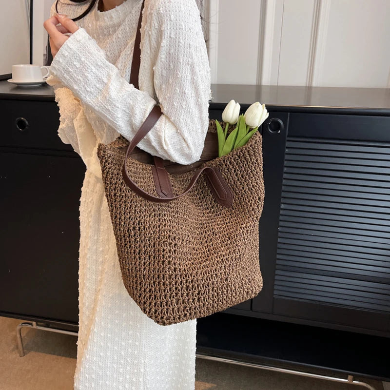 Women Bohemian Straw Shoulder Bag Large Crochet Tote For Beach Summer Woven