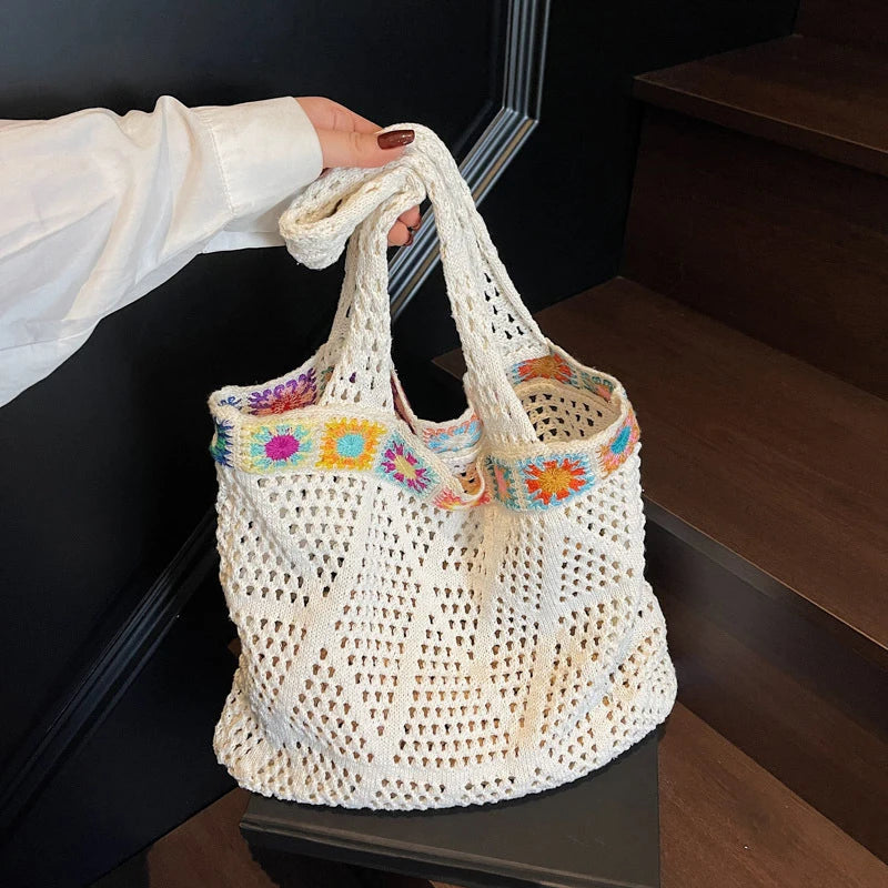 Bohemian Handmade Beach Tote Bag Beads Trim Straw Crochet Women Shoulder Bag