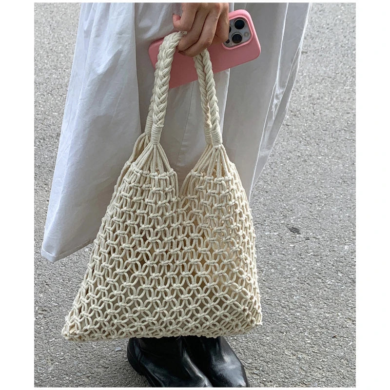 Hollow Crochet Mesh Shoulder Bag With Inner Pocket Women Solid Color Tote Bag