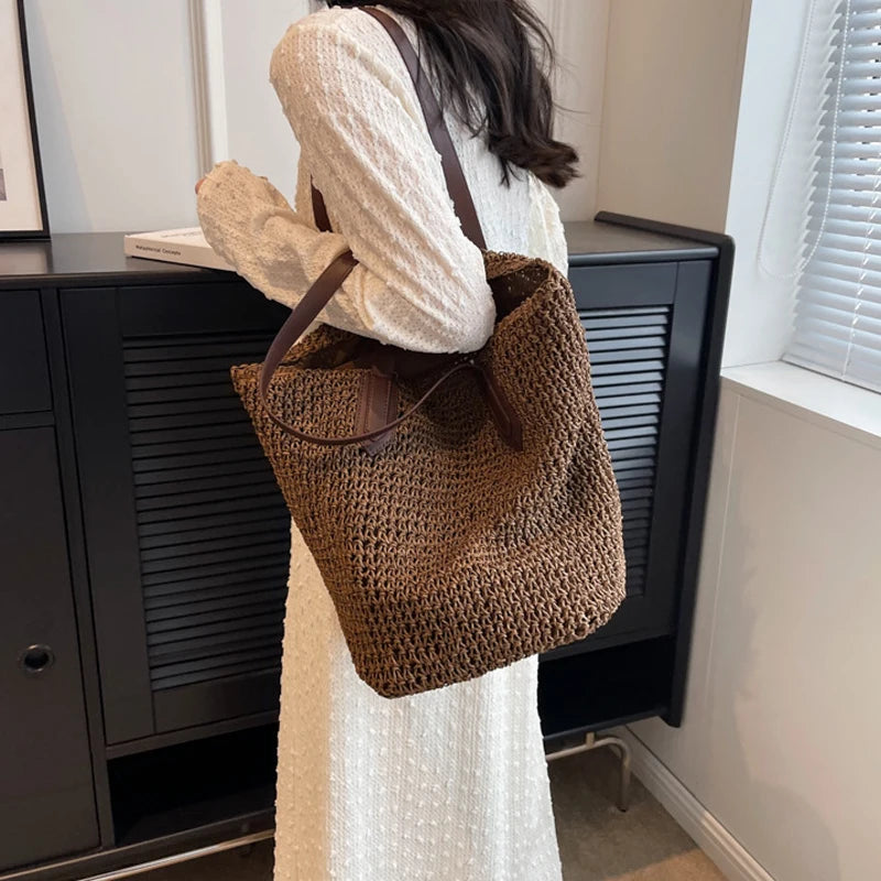 Women Bohemian Straw Shoulder Bag Large Crochet Tote For Beach Summer Woven