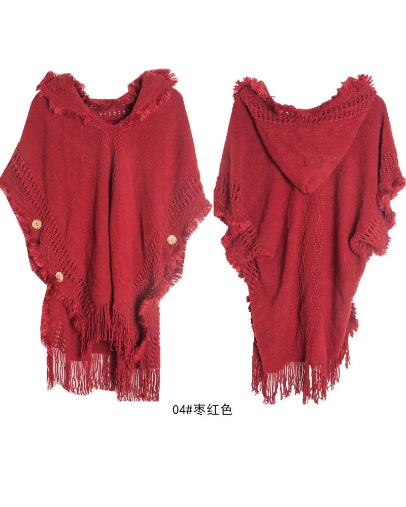 Hooded Crochet Cloak Poncho Shawl Boho Chic Knit Wrap For Women